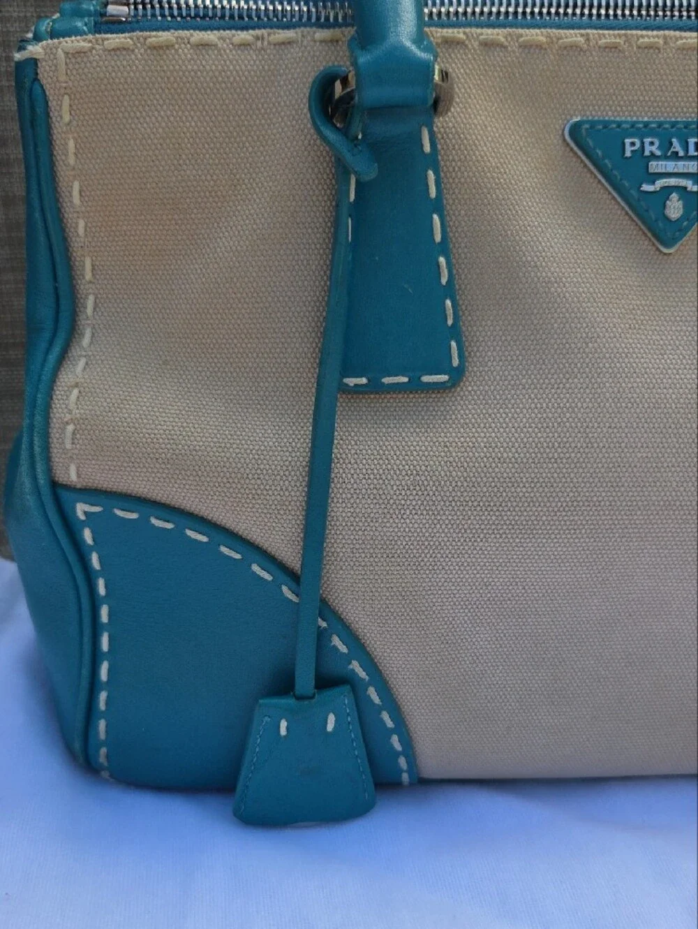 Prada Beige and Teal Top-Handle Tote